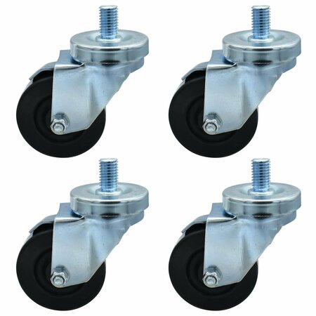 Bk Resources 3-inch Threaded Stem Casters, Hard Rubber Wheels, Brake, 300lb Cap, Grease/Water Resistant, 4PK 3SBR-5ST-HR-PS4